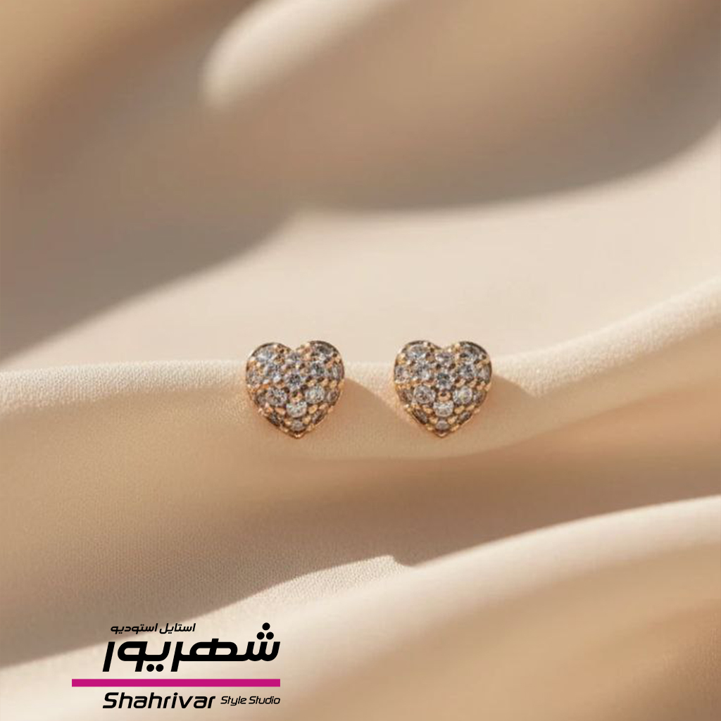 گوشواره زنانه میخی قلب ریز نگین دار جواهری ژوپینگ