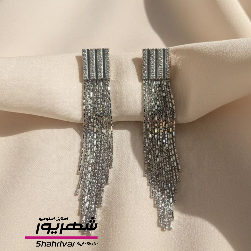 گوشواره میخی نگین دار نقره ای آویز دار زنانه ژوپینگ