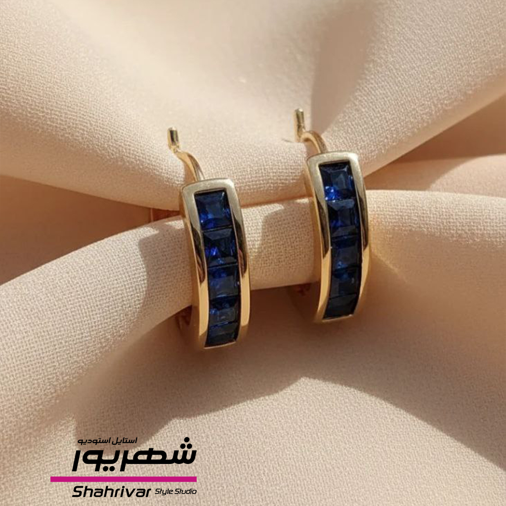 گوشواره طلایی حلقه جواهری نگین آبی زنانه ژوپینگ