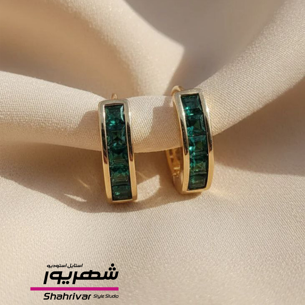 گوشواره طلایی حلقه جواهری نگین سبز زمرد زنانه ژوپینگ