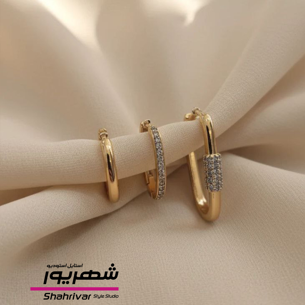 گوشواره حلقه طلایی سه تایی جواهری زنانه ژوپینگ