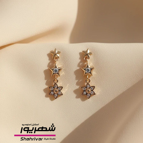 گوشواره میخی طلایی آویز گل زنانه ژوپینگ