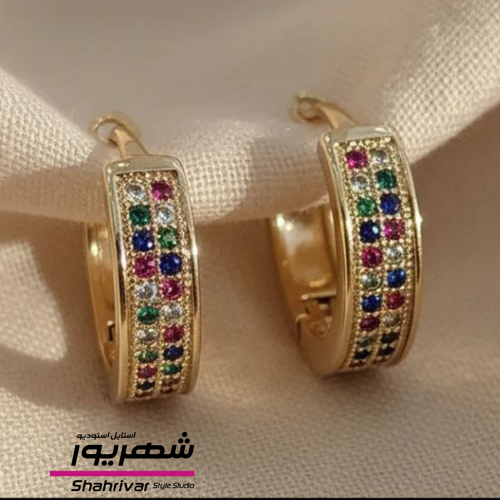 گوشواره حلقه طلایی جواهری رنگی زنانه ژوپینگ مولتی کالر