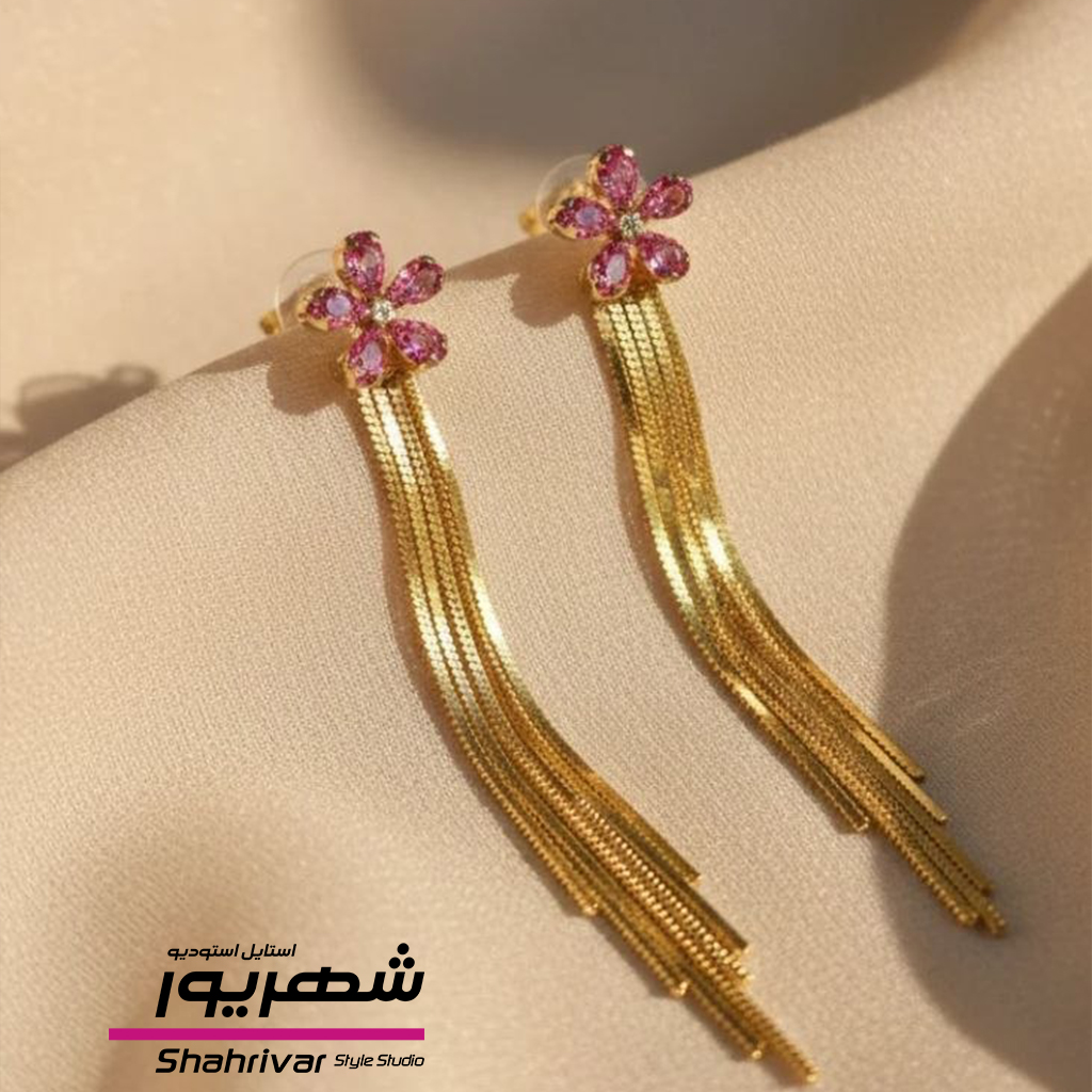 گوشواره میخی گل جواهری صورتی طلایی زنانه ژوپینگ با آویز زنجیر ماری