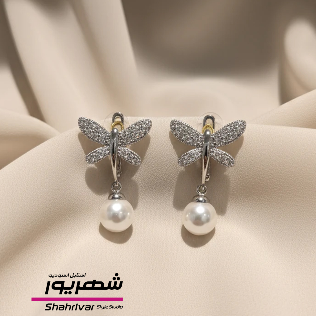 گوشواره زنانه نقره ای جواهری سنجاقک با آویز مروارید ژوپینگ