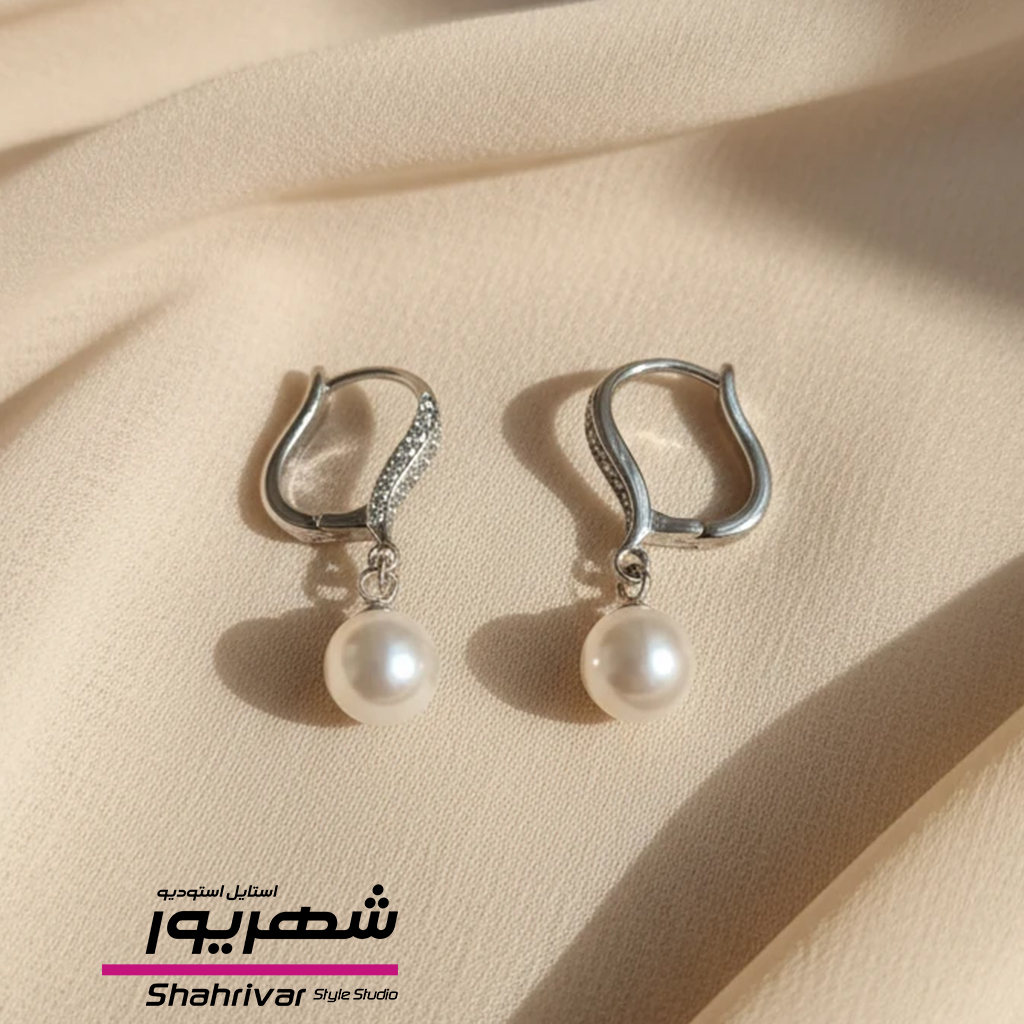 گوشواره زنانه نقره ای جواهری با آویز مروارید ژوپینگ