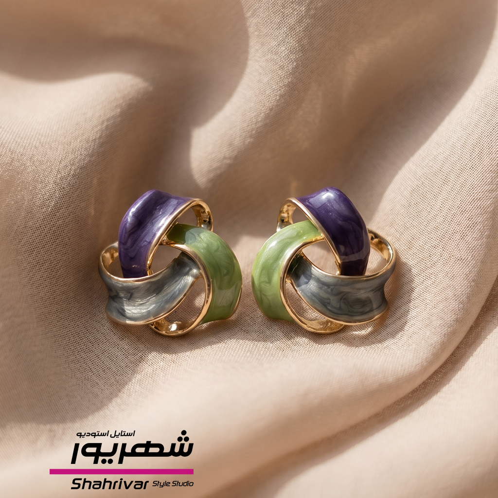 گوشواره میخی طلایی میناکاری رنگی (آبی، بنفش و سبز)