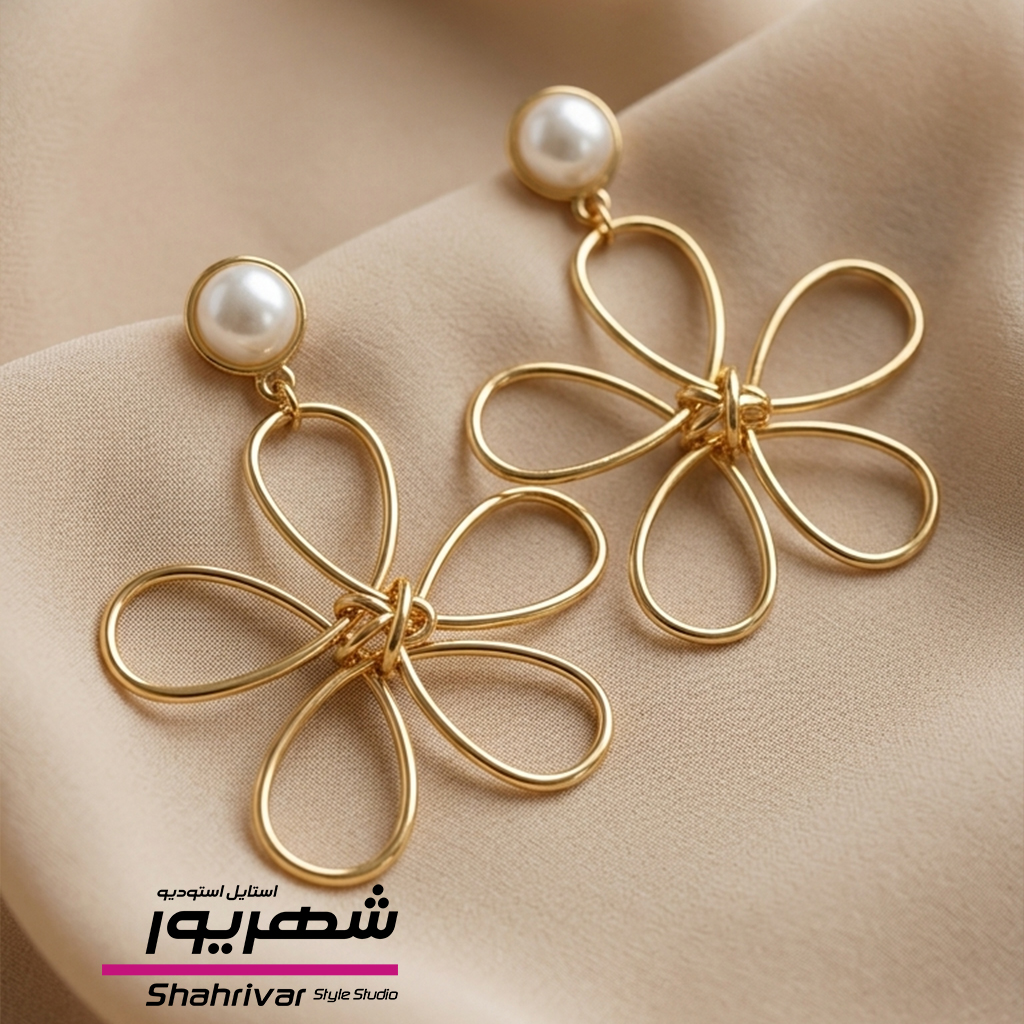 گوشواره میخی طلایی مروارید گل خطی بزرگ