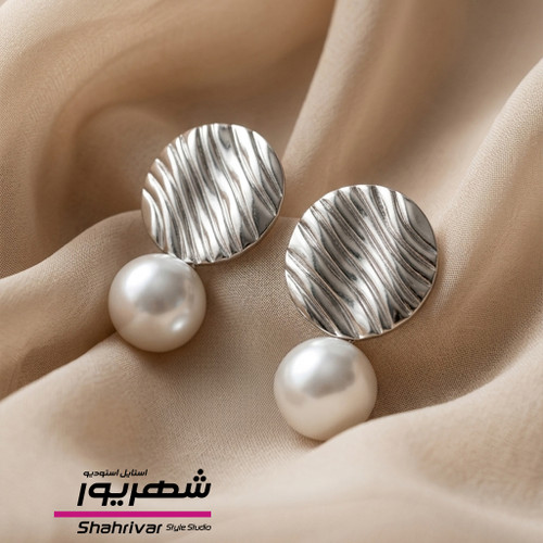 گوشواره میخی نقره ای دایره مدرن با آویز مروارید