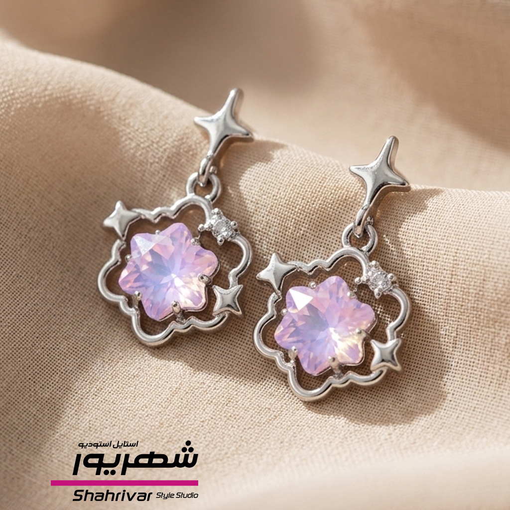 گوشواره میخی نقره ای آویز ترندی ستاره با نگین بنفش