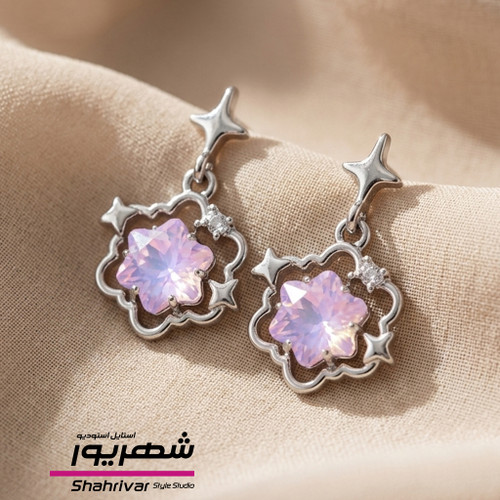 گوشواره میخی نقره ای آویز ترندی ستاره با نگین بنفش