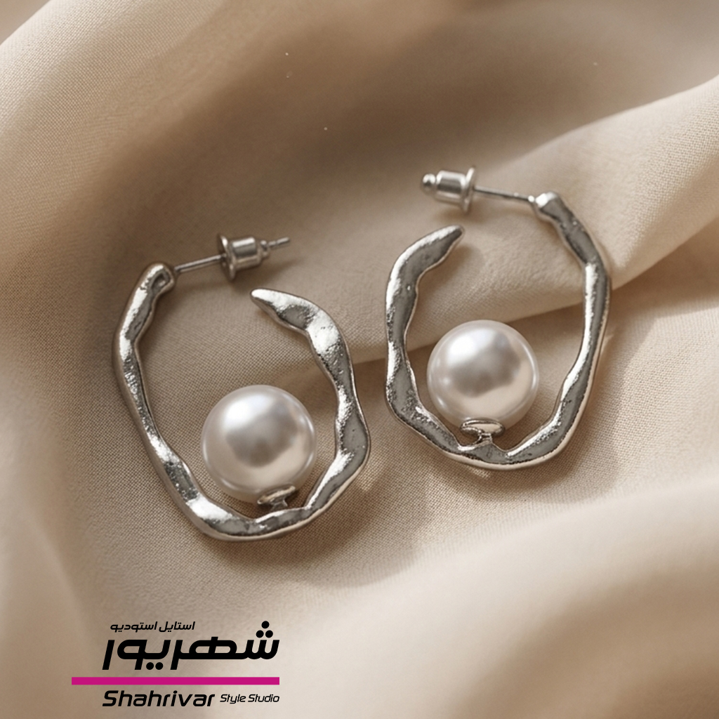 گوشواره میخی نقره ای حلقه دفرمه با مروارید