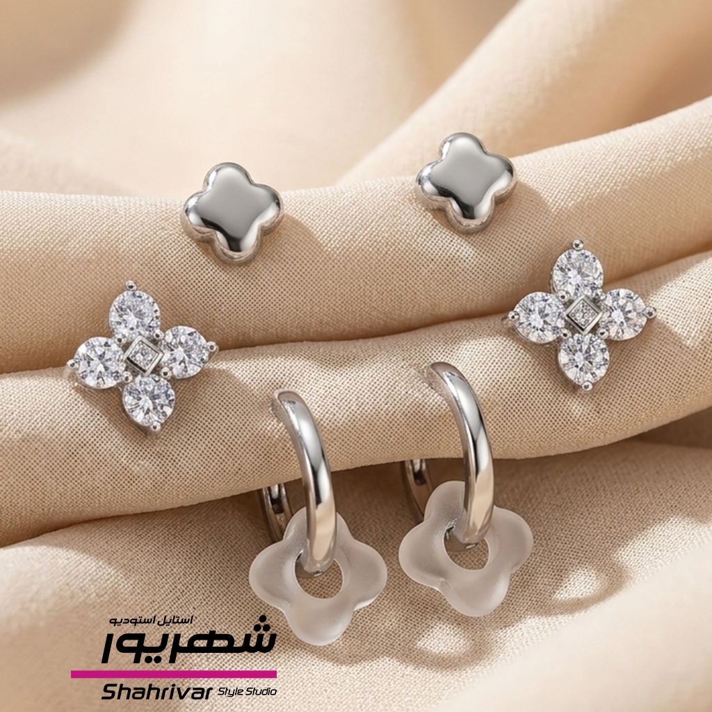 پک گوشواره سه عددی میخی و حلقه نقره ای  صدفی ون کلیف گل چهار برگ