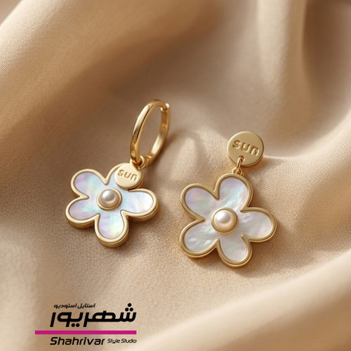 گوشواره میخی طلایی تا به تا گل صدفی مروارید