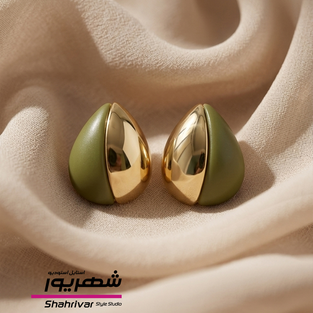 گوشواره میخی طلایی میناکاری اشکی سبز