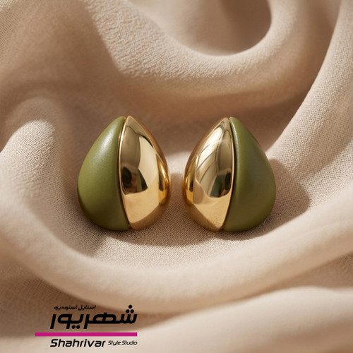 گوشواره میخی طلایی میناکاری اشکی سبز