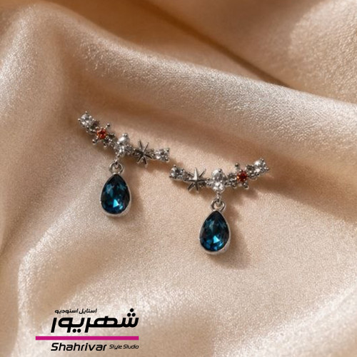 گوشواره نقره ای میخی جواهری آویز رنگی اشکی آبی مولتی کالر