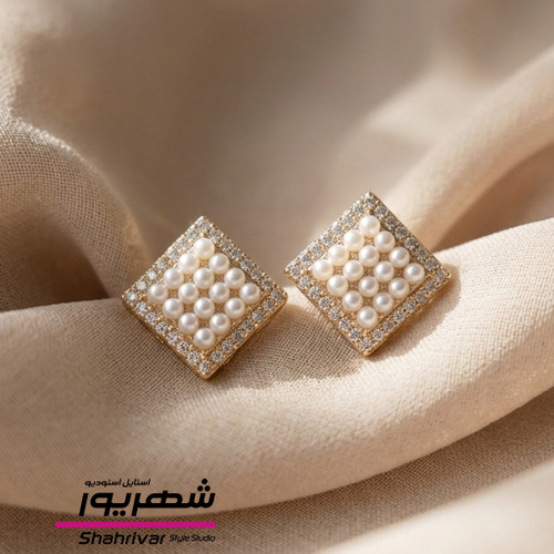 گوشواره زنانه میخی طلایی مربع جواهری مروارید طرح طلا ژوپینگ
